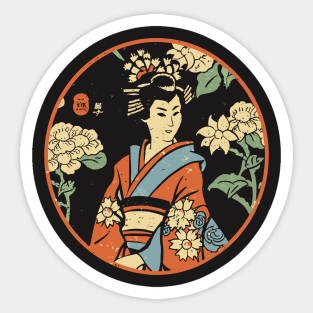 Woodblock print Japanese geisha in a temple garden Sticker